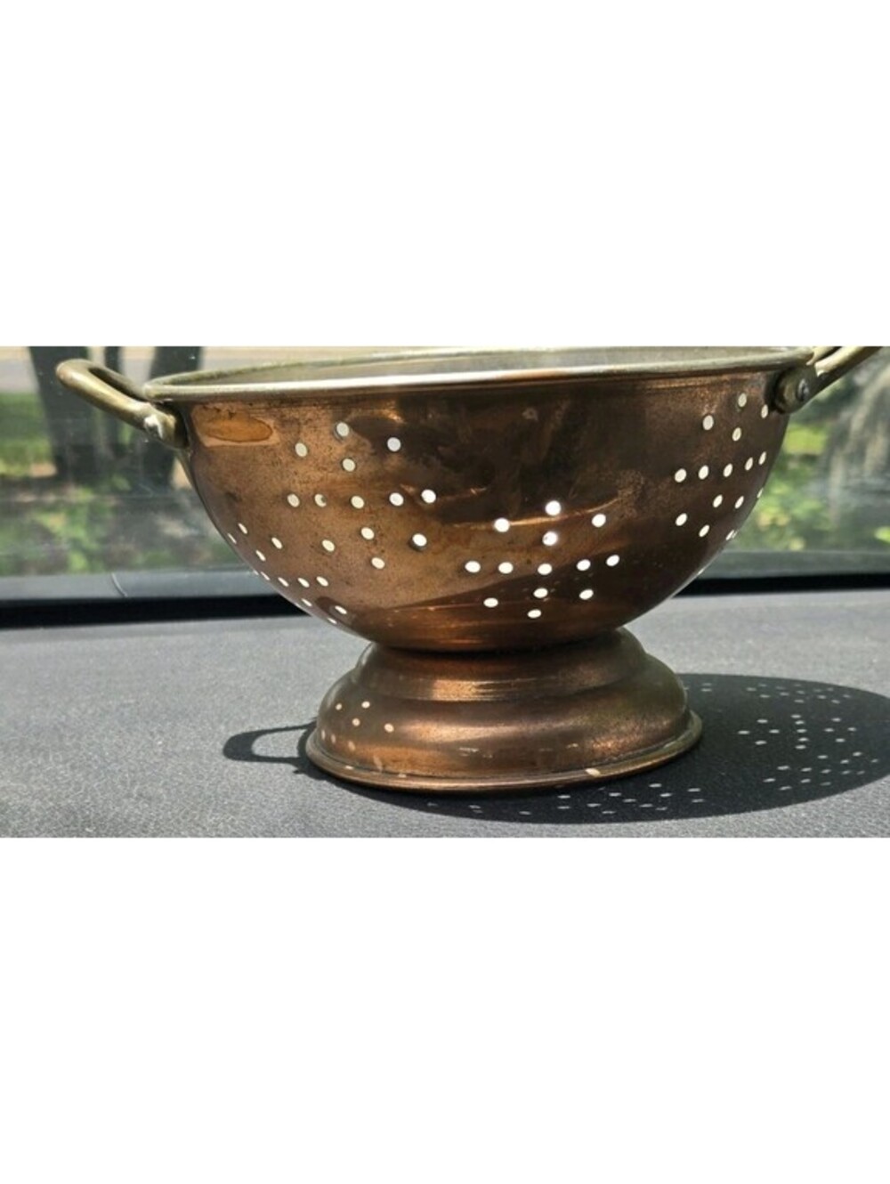 Vintage Small Tinned Copper Colander 6X4" Brass Handles. Footed. Good Shape